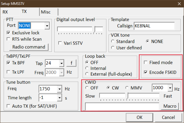 TX settings menu